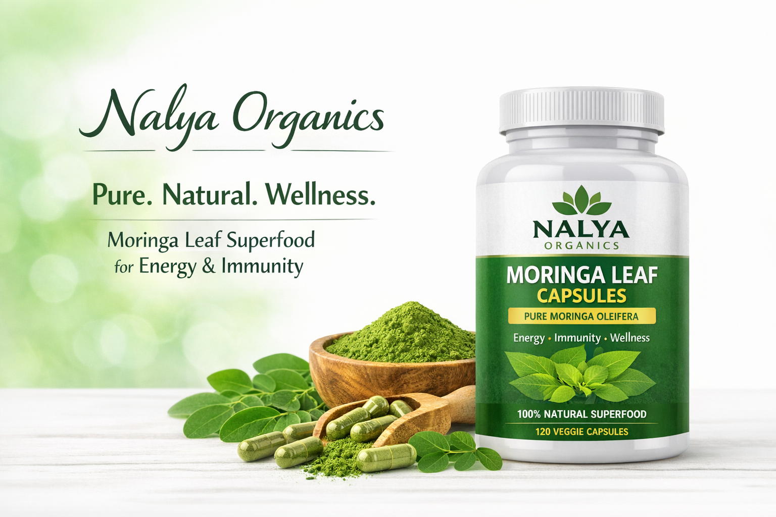 Nalya Organics Moringa Capsules – AM/PM Energy + Wellness | 60 Capsules + FREE SHIPPING
